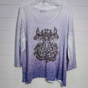 Zenergy by Chico's Women's 3 Rhinestone Graphic Top Purple Medallion 3/4 Sleeve